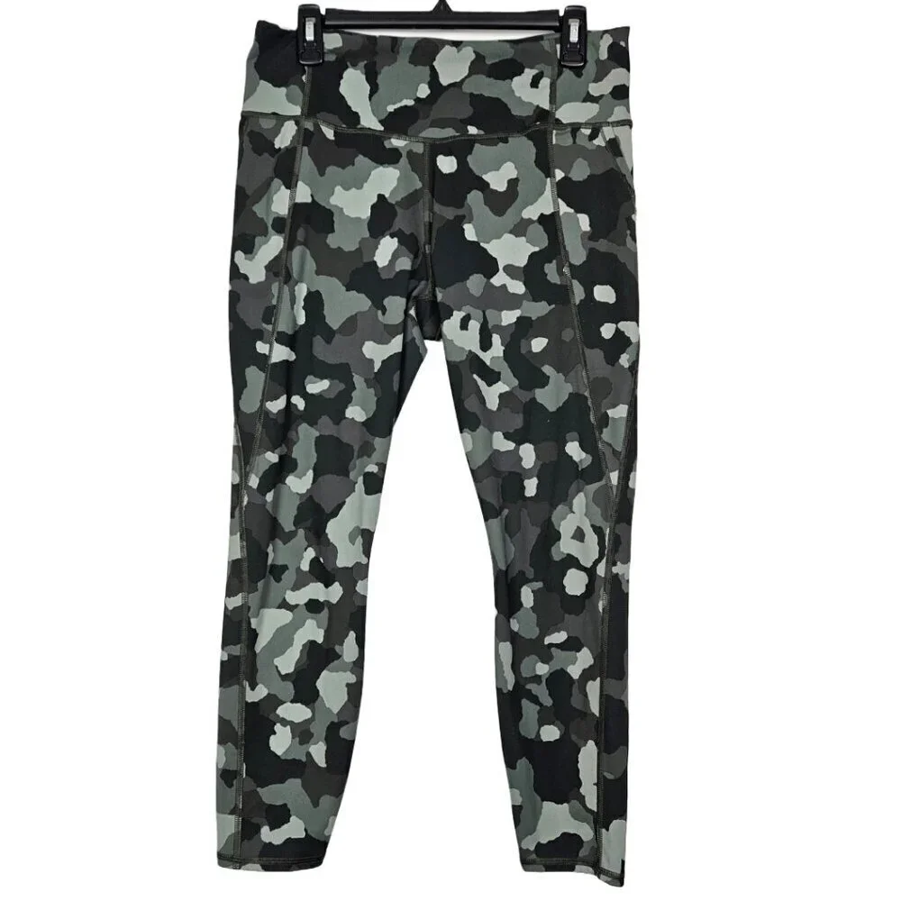 ATHLETA Lightning Camo 7/8 Tight Legging Olive Green L 487500-02